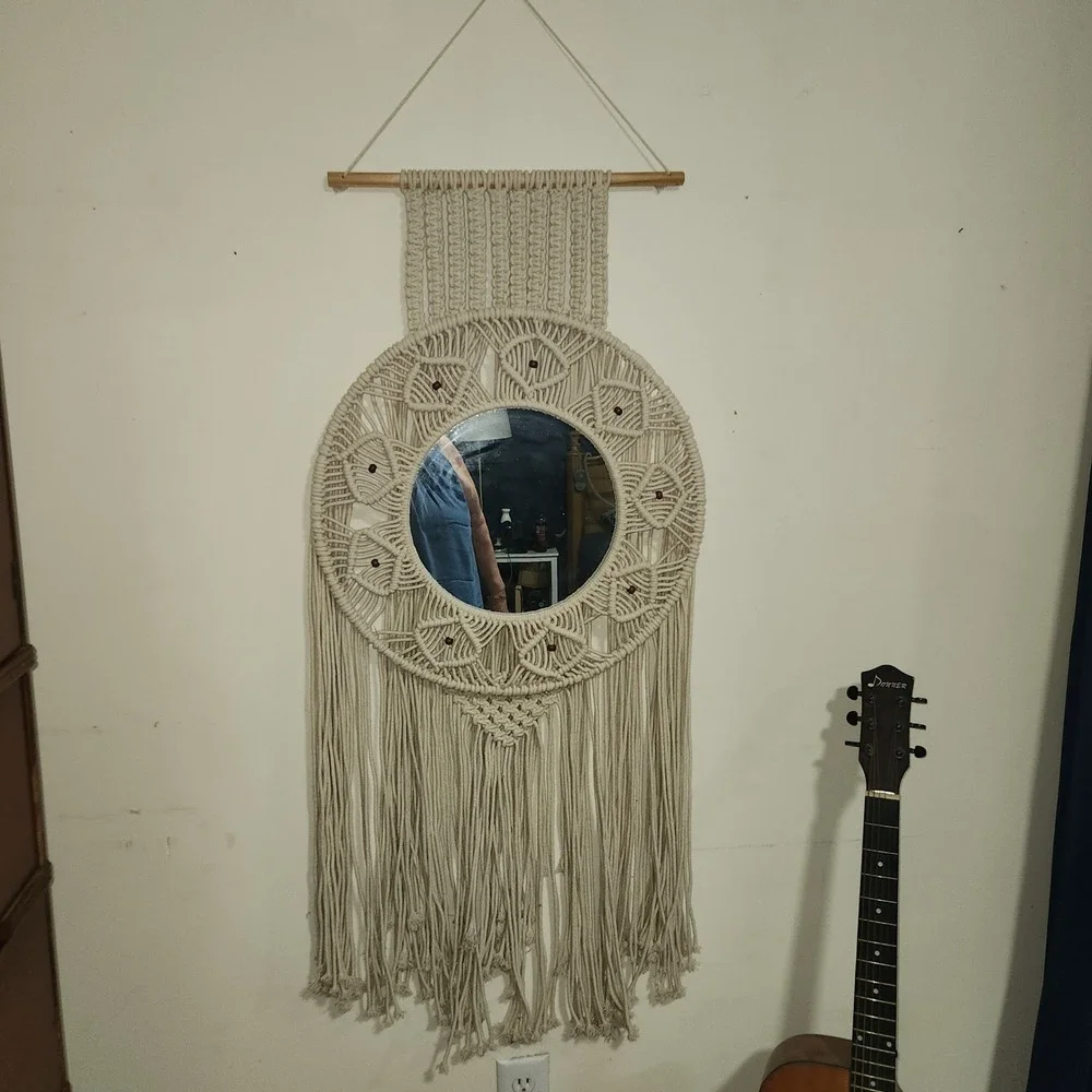 Large Boho Macrame Wall Hanging Mirror Cream Cotton Fringe 20x58 Wood Bead Decor